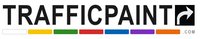 Logo of Traffic Paint with colorful stripes and a rightward arrow on a white background